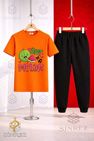 SİNREZ Unisex Kids' Watermelon One Melon Printed T-Shirt and Sweatpants Set
