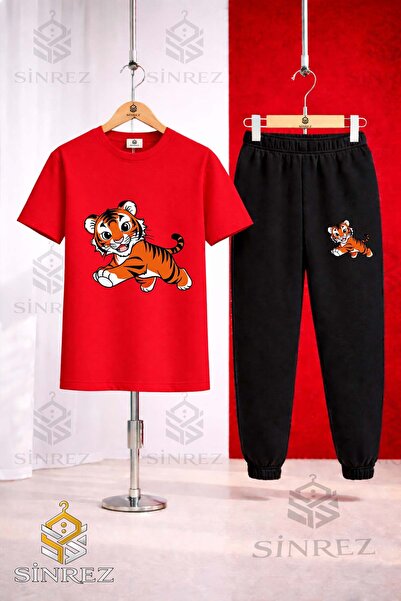 SİNREZ Unisex Kids Tiger Drawing Cute Printed T-Shirt Sweatpants Set