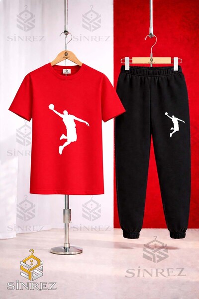 SİNREZ Unisex Kids Basket Man White Printed T-Shirt Tracksuit Set