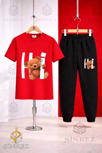 SİNREZ Set de trening unisex pentru copii, cu tricou imprimat HI BEAR IN THE ...