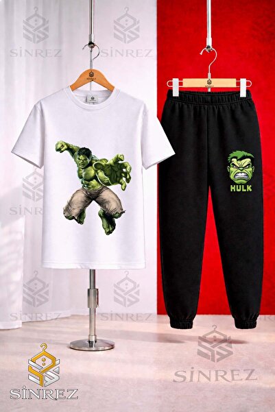 SİNREZ Unısex Çocuk HULK DEV YUMRUK ATAN Baskılı Tişort Eşofman Takımı