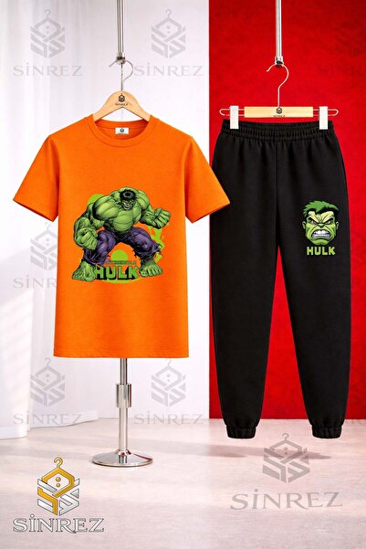 SİNREZ Unisex Kids Hulk Hand Squat Green Tvl Printed T-Shirt Tracksuit Set
