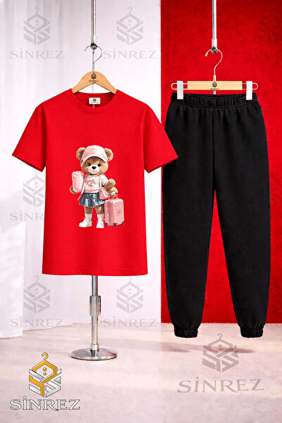 SİNREZ Unisex Kids' Girls' Printed T-Shirt and Tracksuit Set with Teddy Bear ...
