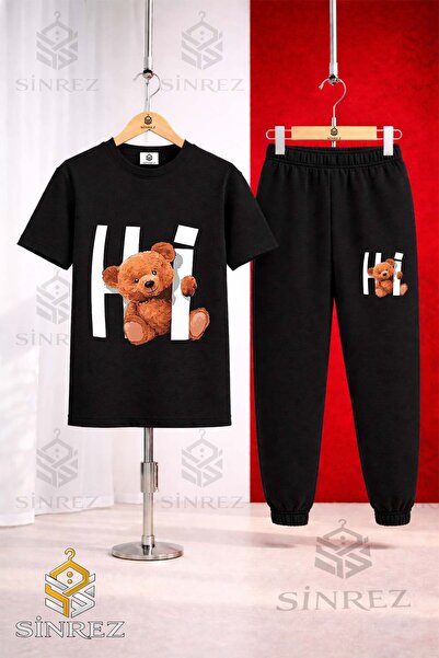 SİNREZ Unisex Kids' T-Shirt and Sweatpants Set with Printed Hi Ayacik Yazi Ic...