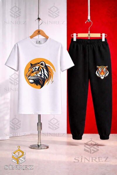 SİNREZ Unisex Kids Tiger Head Circle Printed T-Shirt Tracksuit Set