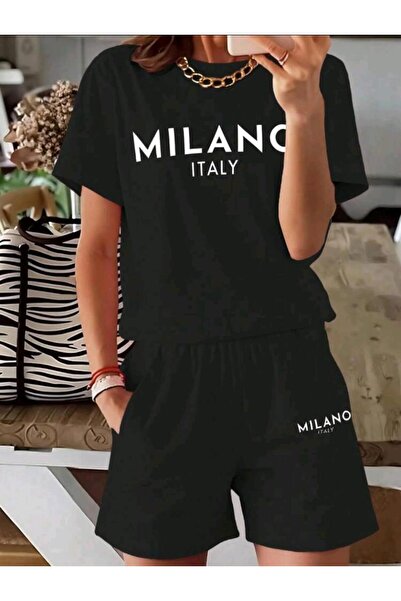 DİVİN Milano Printed Oversize Top-Bottom Set Black Bartik Shorts T-Shirt