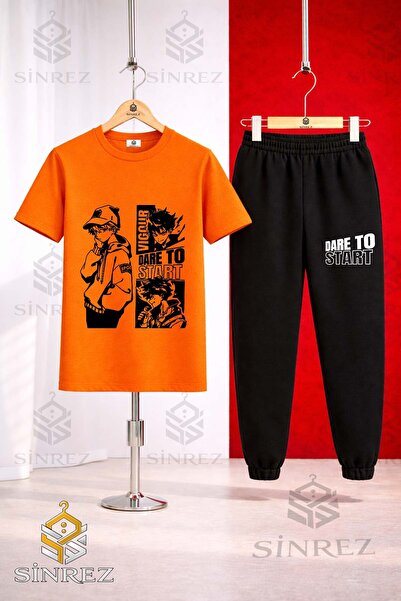 SİNREZ Unisex Kids Dare to Start Black Printed T-Shirt Tracksuit Set