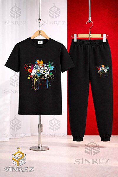 SİNREZ Unisex Kids Game on Player Colorful Printed T-Shirt Tracksuit Set