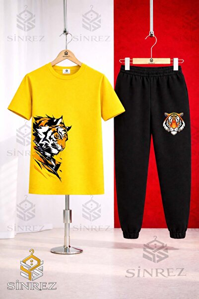SİNREZ Set de trening unisex pentru copii, cu tricou imprimat TIGER SAG LOOKI...