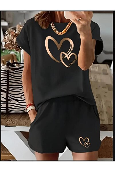 DİVİN KALP Σετ oversize με στάμπα, μαύρο σορτς και μπλουζάκι