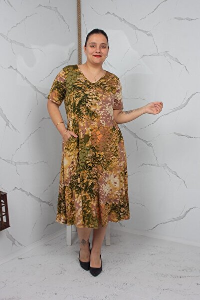 Truva XXL Midi Length Cotton Washed Patterned V-Neck Dress