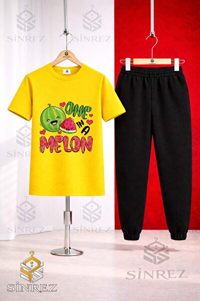 SİNREZ Unisex Kids' Watermelon One Melon Printed T-Shirt and Sweatpants Set