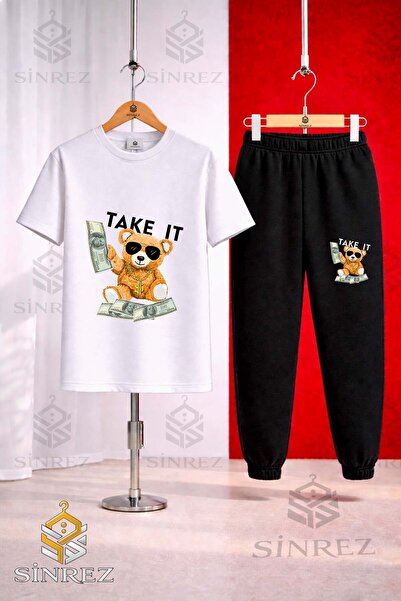 SİNREZ Unisex Kids Ayicik Take It Syh Printed T-Shirt Tracksuit Set