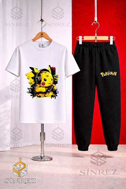 SİNREZ Unisex Kids Pikhacu Headphone Half Printed T-Shirt Tracksuit Set
