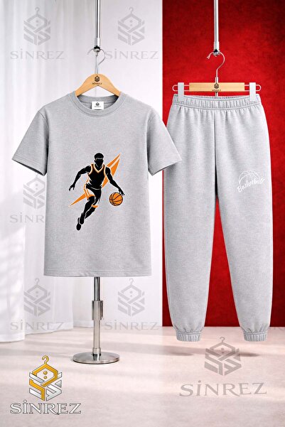SİNREZ Unisex Kids Basketball Player Orange Syh Printed T-Shirt Tracksuit Set