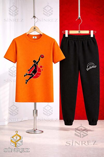 SİNREZ Unisex Kids Basketballer Syh Red Printed T-Shirt Tracksuit Set