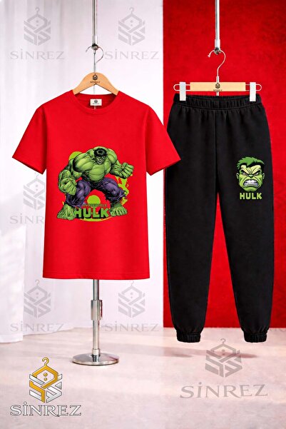 SİNREZ Unisex Kids Hulk Hand Squat Green Tvl Printed T-Shirt Tracksuit Set
