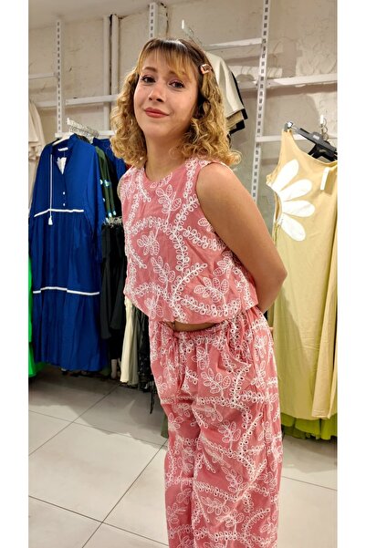 Neva Desenli Crop Bluz & Bol Paça Pantolon Takım – Pembe