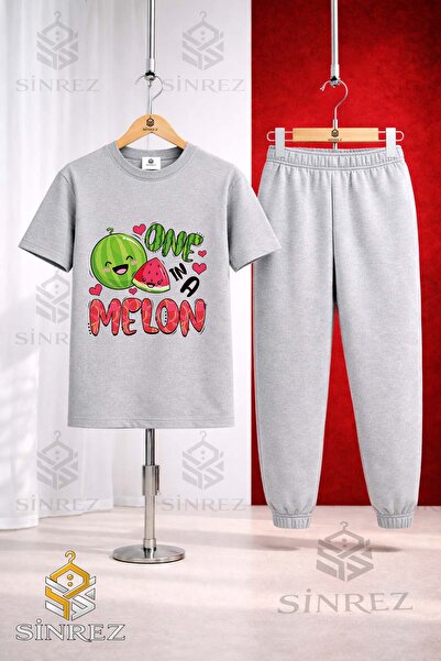SİNREZ Unisex Kids' Watermelon One Melon Printed T-Shirt and Sweatpants Set