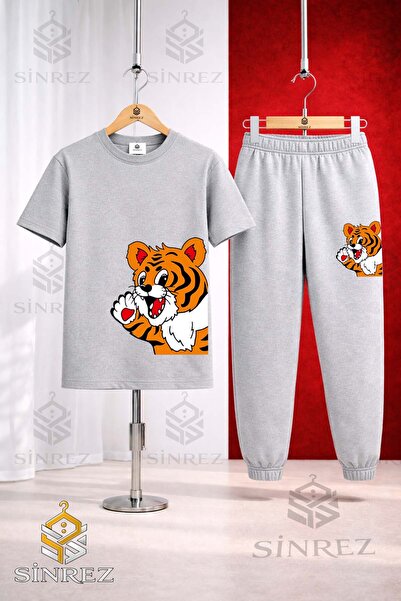 SİNREZ Unisex Kids' Yandan Cute Tiger Printed T-Shirt and Sweatpants Set