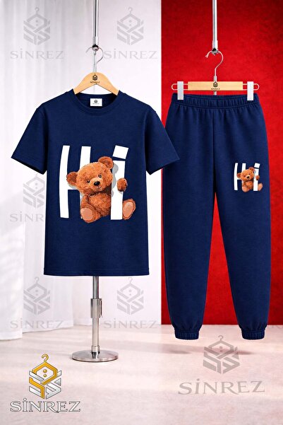 SİNREZ Set de trening unisex pentru copii, cu tricou imprimat HI BEAR IN THE ...