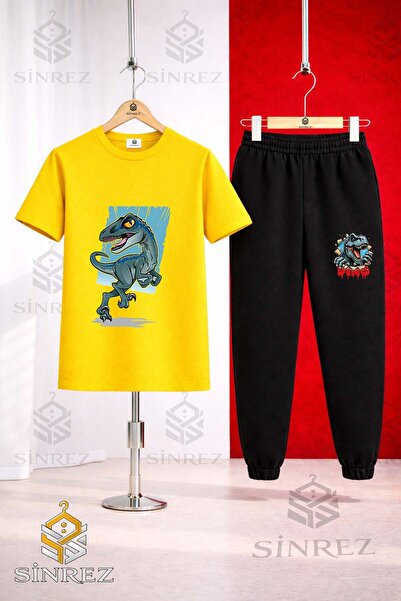 SİNREZ Unisex Kids Dinosaur Turquoise Canvas Printed T-Shirt Tracksuit Set