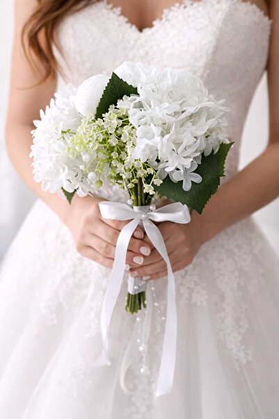 Ceku Home Beyaz Şakayık ve Şık Çiçekli Gelin Buketi, Nikah Buketi, Gelin Çiçe...