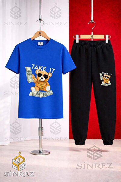 SİNREZ Unisex Kids Ayicik Take It Byz Printed T-Shirt Tracksuit Set