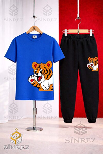 SİNREZ Unisex Kids' Yandan Cute Tiger Printed T-Shirt and Sweatpants Set