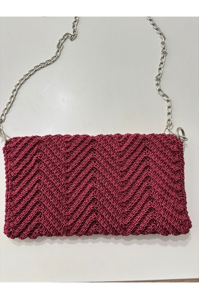 örgü Burgundy Wave Hand Knitted Chain Strap Bag
