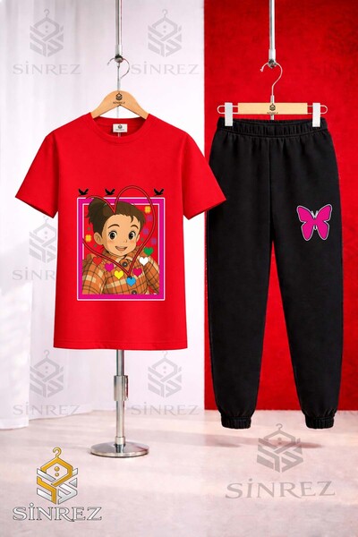 SİNREZ Unisex Kids Crn Girl Heart Printed T-Shirt Tracksuit Set