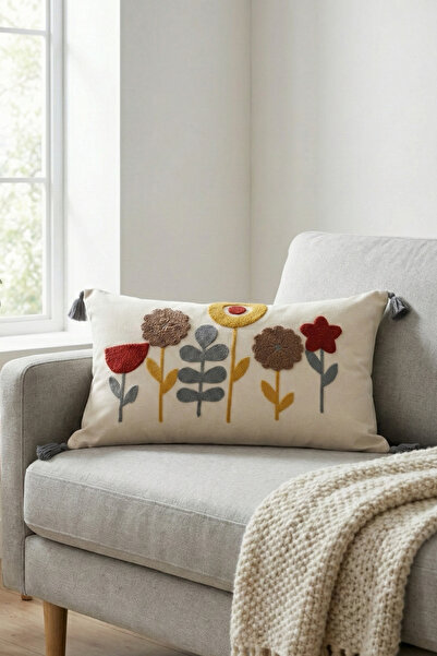 morlina home Dekoratif Yıldız Çiçek Desenli Punch Nakışlı Püsklüllü Gizli Fer...