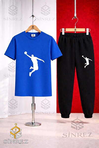 SİNREZ Unısex Çocuk BASKET ADAM BEYAZ Baskılı Tişort Eşofman Takımı