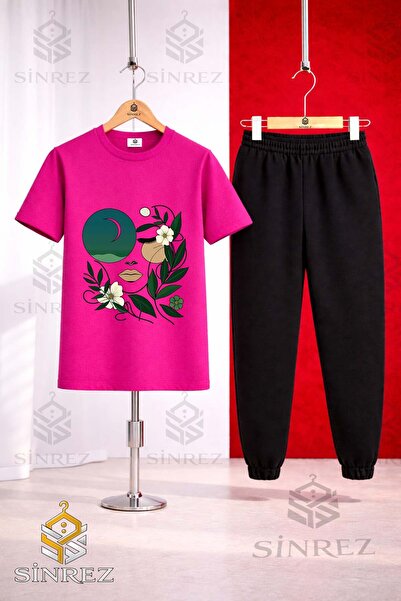 SİNREZ Set de trening unisex pentru copii CICEKTEN GREEN GIRLS FACE, cu trico...