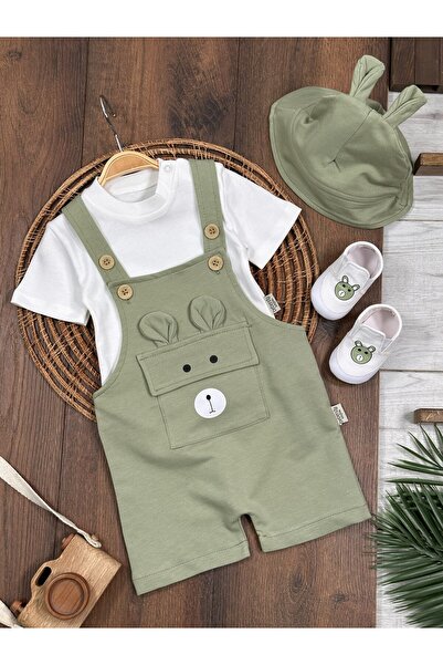 bebendy baby&kids Patikli Şapkalı Ayıcık Baskılı Badili Yazlık 4lü Salopet Er...