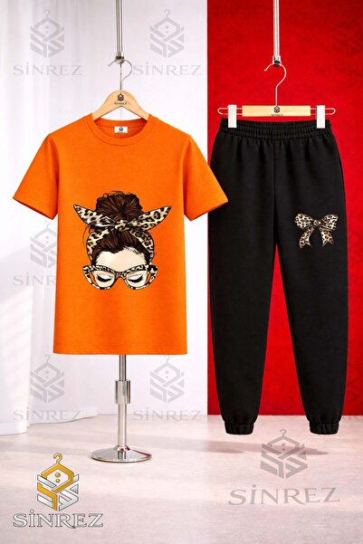 SİNREZ Set de trening unisex pentru copii, cu imprimeu GIRL LEOPARD RIBBON