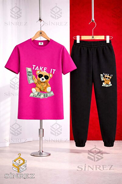 SİNREZ Unisex Kids Ayicik Take It Byz Printed T-Shirt Tracksuit Set