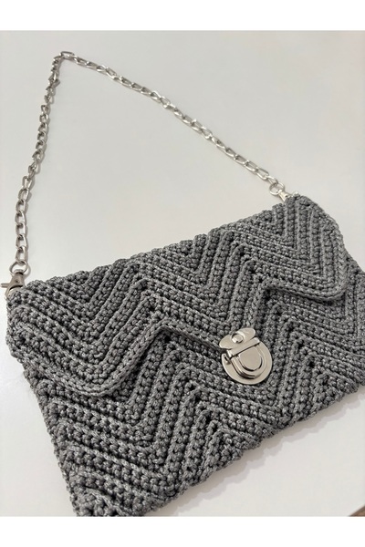 örgü Gray Wave Hand Knitted Chain Strap Bag