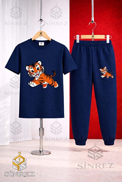 SİNREZ Unisex Kids Tiger Drawing Cute Printed T-Shirt Sweatpants Set