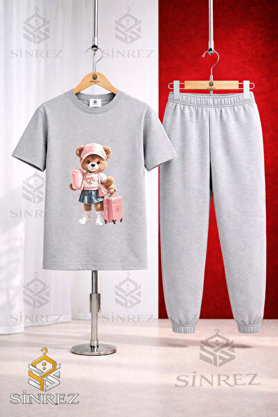 SİNREZ Unisex Kids' Girls' Printed T-Shirt and Tracksuit Set with Teddy Bear ...