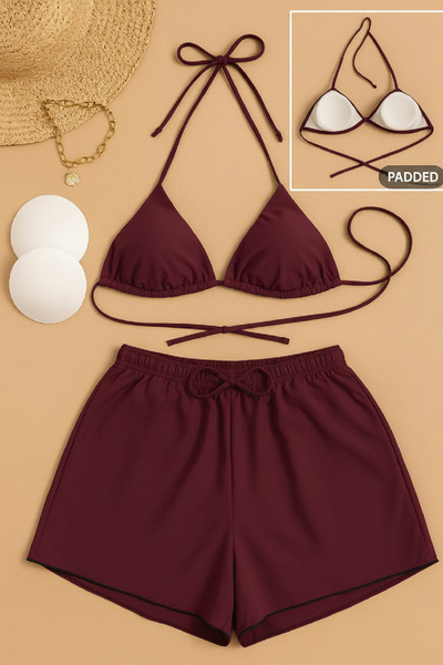 RUKOD Women's 3-Piece Set: Burgundy Shorts and Side-Tie Bikini Swimsuit Set