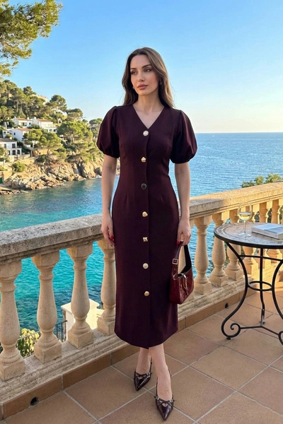 Lusin Γυναικείο καφέ κομψό φόρεμα με κουμπιά και λεπτομέρειες, κοντομάνικο, μ...