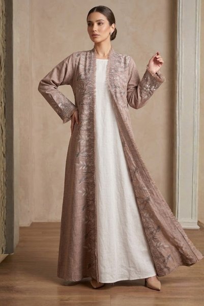 Muchmy 3 Pieces Women Embroidered Linen Abaya Set Inner And Shawl Muslim Arabaic Fringe Design Hijab Dress