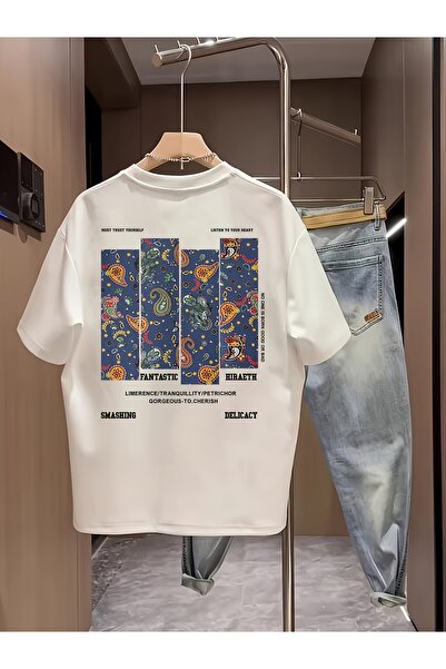 yiou trendy clothing قميص رجالي مطبوع - تي شيرت أبيض برقبة دائرية مع طباعة حر...