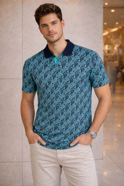 Generic Brand Men's Pique Fabric Polo Collar Palm Patterned T-Shirt Short Sle...