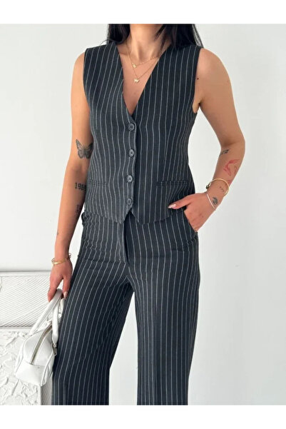 Wear Up Ριγέ υφασμάτινο γιλέκο και παντελόνι Tansel, Σετ δύο τεμαχίων, Κομψό ...