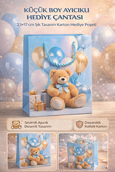 Tamsena Store Küçük Boy Ayıcıklı Hediye Çantası 23x17 cm Şık Tasarım Karton H...