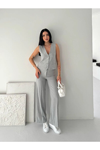 A&WİSE طقم نسائي مكون من سترة وبنطلون من قماش التانسل مخطط، طقم مكون من قطعتي...