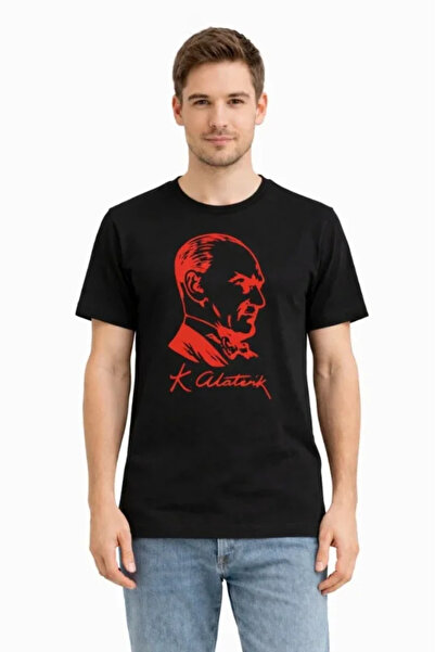 Wear Up Ανδρικό μπλουζάκι με στάμπα Atatürk, κοντομάνικο με λαιμόκοψη - Μαύρο