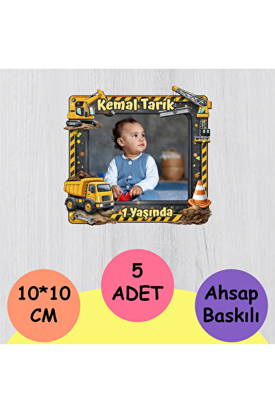 wonderlike İş Makinesi Figürlü Fotoğraflı İsim Yazılı Ahşap Magnet Bebek ve Ç...